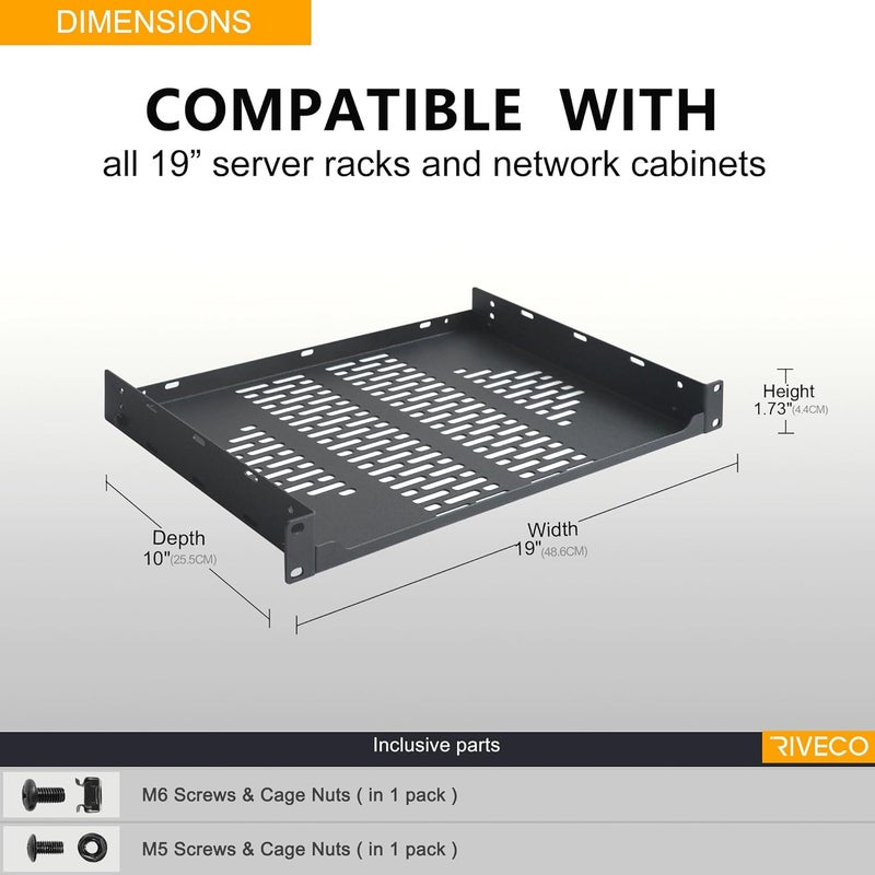 RIVECO 2 PCS 10” Rack Shelves for 19 inches Network Rack & Cabinets, 1U Rack Mount Shelf Vented Cantilever Tray, for Server, IT & Sound Equipment - Image 4